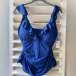 TANKINI TOP BLEU ROD BEATTIE SZ 12 blue ruffle adjustable strap padded bra BNWT